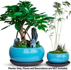 Dahlia Round Ceramic Succulent Pot/Bonsai Pot with Drainage Tray, 2pc Set Teal - Image 2