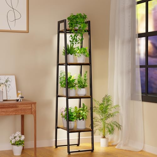 Simple Trending 4-Tier Tall Metal Plant Stand with Grow Light, Heavy Duty Ladder Shelf for Indoor Plants, Flower Planter Display Holder for Bedroom Balcony Patio Decor, Black by SimpleTrending