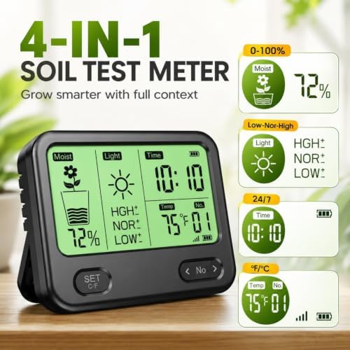 4-in-1 Soil Moisture Meter for Plants ,Soil Temperature /Moisture /Sunlight Time, Large Screen, Garden Soil Tester for Lawn, Farm, Houseplants，Wireless Indoor/Outdoor Plant Water Meter (Dark Black) - Image 4