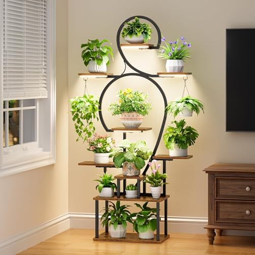 63'' Tall 9-Tier Indoor Plant Stand with Grow Light for Plants Display by POZILAN