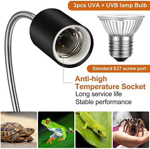 3 Set Reptile Heat Lamp UVA/UVB Turtle Heat Lamp Holder Fixture Clamp Basking Spot Adjustable 50w Full Spectrum Sun Sunbathe Bulb for Turtle Lizard Bearded Dragon Snake Aquarium Amphibian(Black) - Image 5