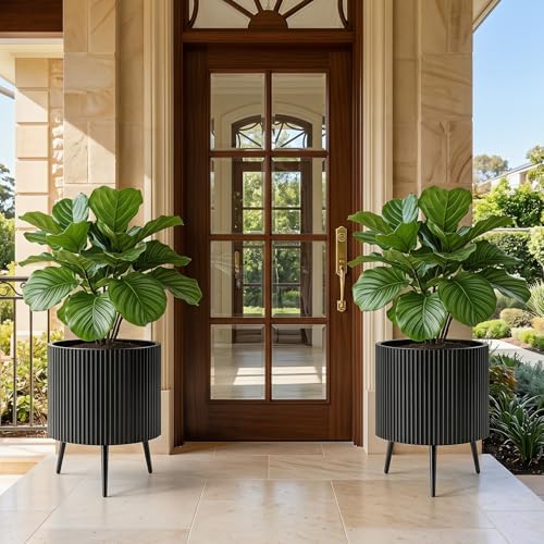 GIANTEX 20 Inch Plant Pot w/Stand Set 2, Mid-Century Modern Fluted Planter - Image 3