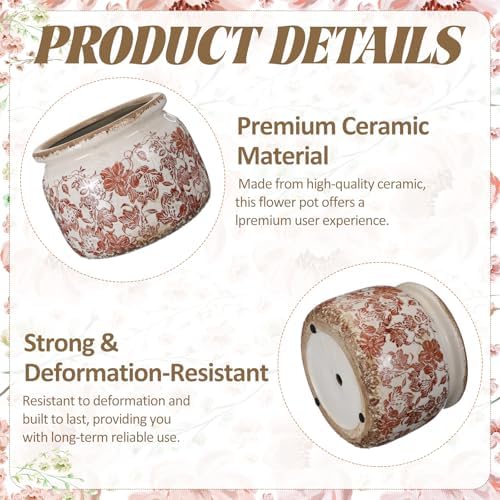 7.7" Large Ceramic Plant Pot Beige Brown Vintage Peony Crackle Glaze Rustic Flowers Pot Decorative Planter with Drainage for Indoor Outdoor Plants Home Kitchen Office Decor Gift - Image 3