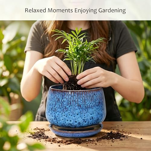 10.3 Inch Ceramic Planter with Saucer,Modern Garden Pots with Drainage Hole Mesh Net, for Indoor Outdoor Use (Speckle Blue) - Image 5