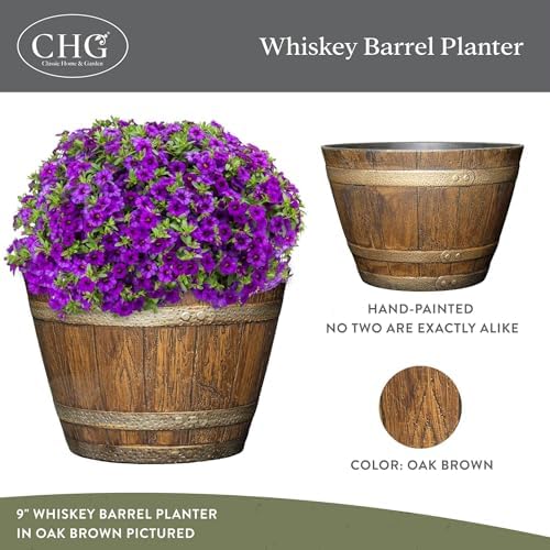 Classic Home and Garden Outdoor Round Whiskey Resin Flower Pot Barrel Planter, Distressed Oak Brown, 20.5" (Pack of 3) - Image 2