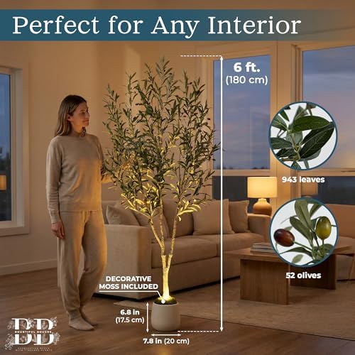 6ft Artificial Olive Tree with LED Light & White Pot - Fake Indoor Plant - Image 2