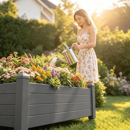 Raised Garden Bed with Wheels, Rolling Resin Planter Box,Brown - Image 4