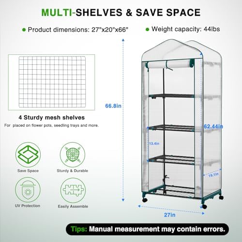 Yesker Mini Greenhouse 27"x20"x63" Portable Indoor / Outdoor Small Green House with 4 Tier 4 Shelves Wheels Thicken PE Cover Compact Greenhouses Kit for Winter Gardening Balcony Patio Backyard, White - Image 2