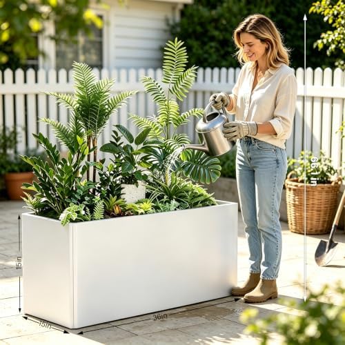 Metal Planter Box with 6 Drainage Hole 36x15x15 Inch, White - Image 3