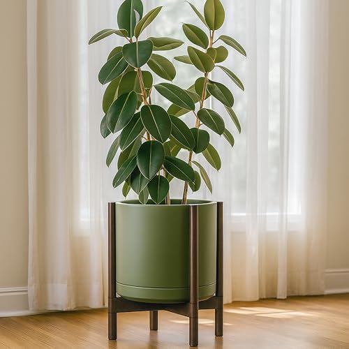 D'vine Dev Ceramic Pot with Walnut Wood Stand, Olive, 14 in, 55-B-T-J - Image 7