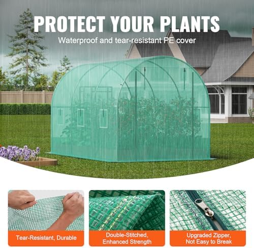 VEVOR Walk-in Tunnel Greenhouse, 9.6x6.4x6.2 ft Hoop House Greenhouse Tunnel, Plant Hot House with Galvanized Steel Frame, Green PE Cover, Roll-up Zipper Door and 6 Windows for Outdoor - Image 3
