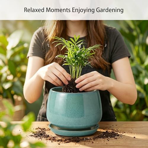 10.3 Inch Ceramic Planter with Saucer,Modern Garden Pots with Drainage Hole Mesh Net, for Indoor Outdoor Use (Blue-Green) - Image 5