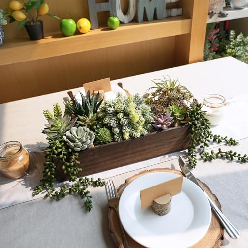 Winlyn Artificial Succulent Arrangement 15" Assorted Succulents Plants in Brown Rectangular Wooden Box Faux Potted Succulents Plant for Farmhouse Home Table Centerpiece Mantel Shelf Kitchen Décor - Image 6