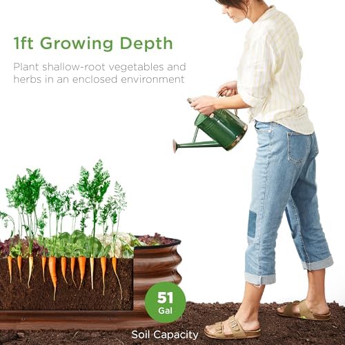Best Choice Products 4x2x1ft Outdoor Metal Raised Garden Bed Outdoor, Oval Deep Root Planter Box for Vegetables, Flowers, & Herbs, 51 Gallon Capacity, Rubber Edge Guard, 100% Non-Toxic - Wood Grain - Image 4