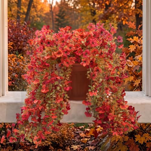Artificial Fake Hanging Flowers for Fall Outdoors Decor 2 Pack UV Resistant Faux Hanging Plants, Waterproof Realistic Artificial Flowers for Autumn Porch, Balcony, Fence & Planters (Red-orange) - Image 6