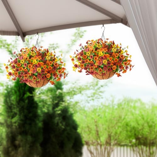 Artificial Fall Hanging Flowers Basket, UV Resistant Mums for Outdoors - Image 5