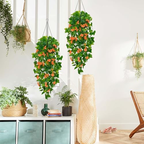 BLEUM CADE Artificial Hanging Flowers for Outdoors, 4pcs Fake Hanging Plants Pothos Vines with Orange Flowers for Wall Home Living Room Indoor Outdoor Fall Decor (No Baskets) - Image 4