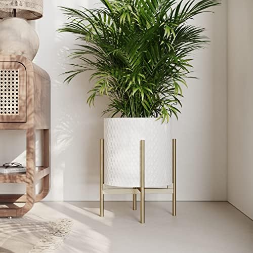 EverNest Claire Mid-Century Modern White Planter and Stand, Indoor Plant Pot, SelectBase, Minimalist Aesthetic, Home Decor for Plants - (Gold Base, Medium) - Image 4