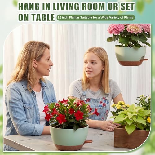 Sliner Set of 4-12 Inch Self Watering Hanging Planters Includes Hanging Pots and Outdoor Hanger Plant Pots with Drainage Holes 2 Types of Hanger Basket Hooks for Patio Garden(Green Brown) - Image 4