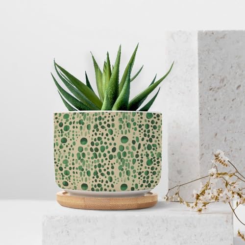 Green Planters Ceramic Animal Green Print Round Flower Pots with Drainage Holes and Bamboo Tray Pot for Home Office Desk Garden - Image 7