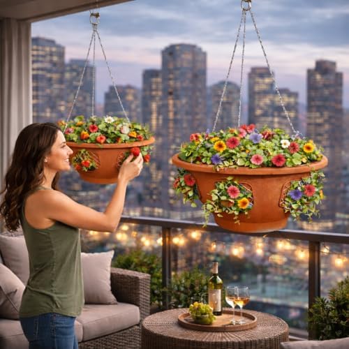 Ultimate Hanging Baskets - Strawberry, Tomato, Flower, and Herb Outdoor Planters - Use Garden Pots for Growing Plants Outside On A Deck, Fence, or Balcony (10, Terracotta) - Image 3