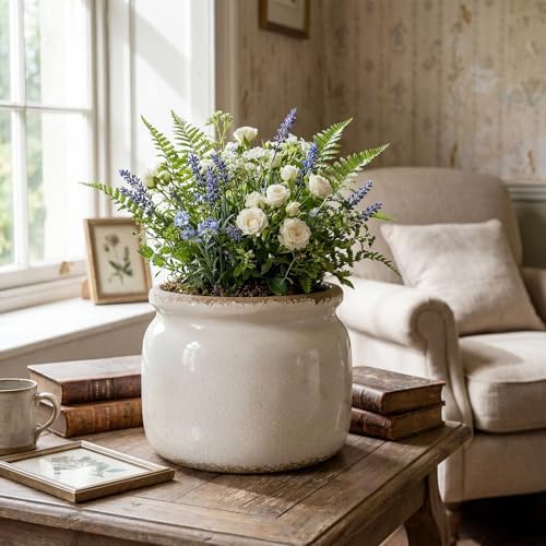 7.7″ Large Vintage Ceramic Plant Pot Pure Beige Rustic Planter with Ice Crackle Glaze & Drainage Hole for Indoor Outdoor Plants Farmhouse Home Kitchen Office Decor Gift for Women Teacher - Image 5