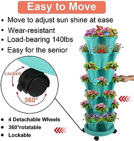 GameXcel Vertical Planter Tower - 7 Tier Stackable Garden Planters with Wheels and Garden Tool Set Plant Pots for Strawberry Herb Flower and Vegetable Indoor Outdoor Use Teal - Image 2