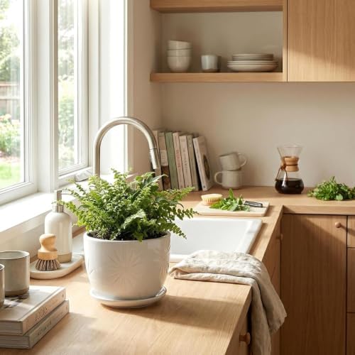 MyGift 7 Inch Round White Ceramic Plant Pot with Drainage Hole and Attached Saucer, Modern Decorative Embossed Sunburst Planter Container for Indoor Home Garden - Image 3