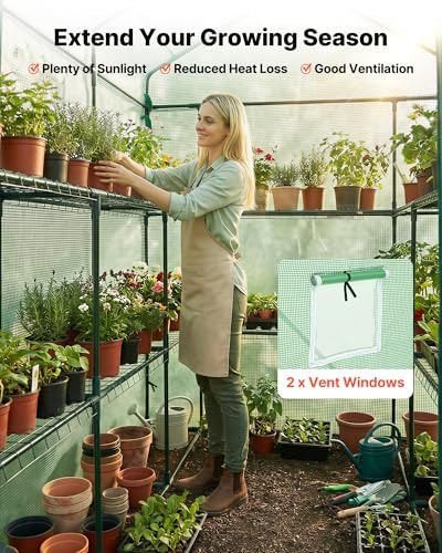 VEVOR Walk-in Greenhouse, 54" x 81.1" x 77.2" Greenhouse for Outdoors with Windows, PE Cover, 2 Tiers 14 Shelves, Roll-Up Zipper Door, Walk in Green House, Portable Plant Garden Hot House for Backyard - Image 6