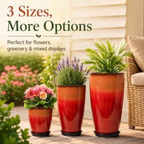 Neoaider Set of 3 Tall Planter, 24/21/12in Large Plastic Planter, Firey Red - Image 4