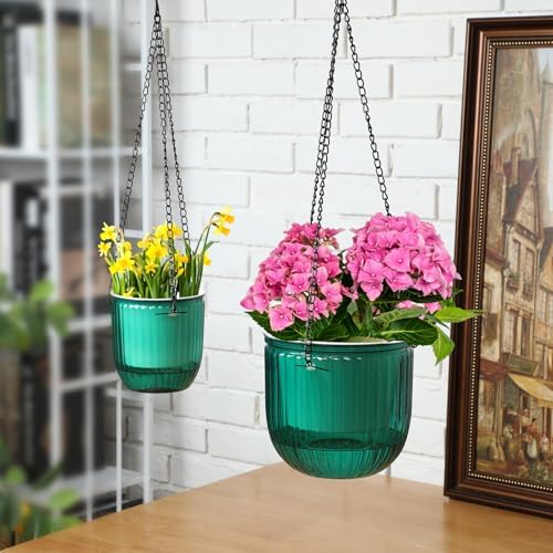 4 Pcs 6.5'' 4.5'' Hanging Self Watering Pot for Indoor Plant, Green - Image 4