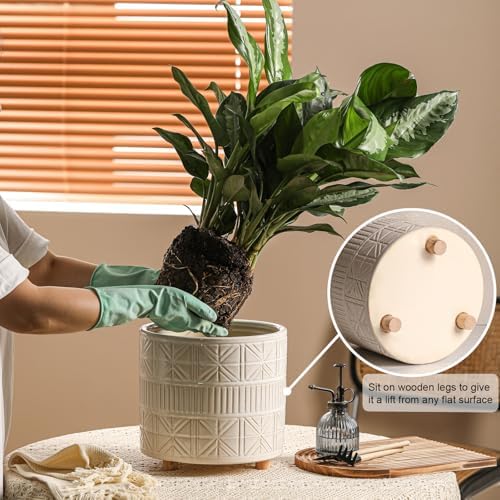 Ceramic Plant Pot with Foots: 10 Inch Planter with Wooden Legs - Large Pots for Indoor Plants - Modern Flower Pot for Home Office Patio Garden Windowsill - Image 2