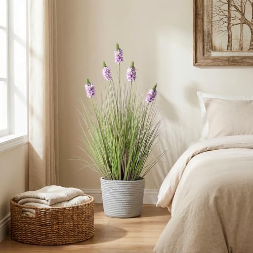 Artificial Plants Indoor Tall Grass Plants with Lilac Flower 35.4In Tall Artificial Ornamental Grass Green Onions Outdoor Fake Plants with Black Pot Home Office Decorative (1 Pack,Purple) - Image 3