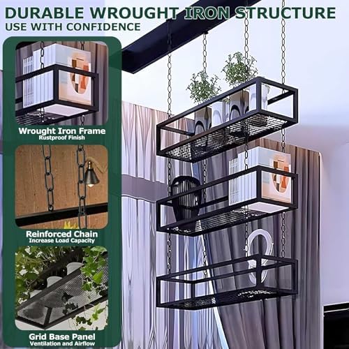 Ceiling Hanging Plant Shelf, Indoor Outdoor Flower Pot Stand, Floating Suspended Shelving Iron Frame for Bar Flower Shop Balcony Cafe Decoration(80x25x15cm) - Image 3