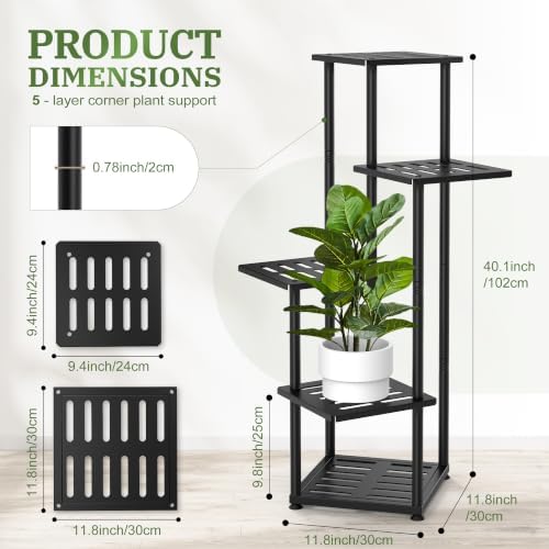 5 Tier Plant Stand Indoor Outdoor, Metal Shelf Holder Corner Black - Image 2