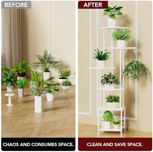Homsorout Plant Stand Indoor with Grow Light - 6-Tier Metal Plant Shelf with Hanging Basket Hook, Corner Tall Flower Holder for Multiple Plants, Living Room Balcony Garden Patio, White - Image 5