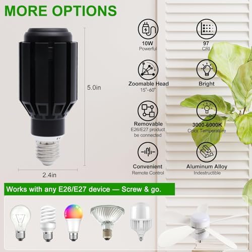 10W Spot Lights Indoor, 22-63.5” Adjustable Tripod & E26 Replaceable 15° to 60° Zoomable Plant Grow Light Bulb, Dimmable 6000K Up Light with Remote, Aluminum Floor Spotlight Indoor, Black - Image 5