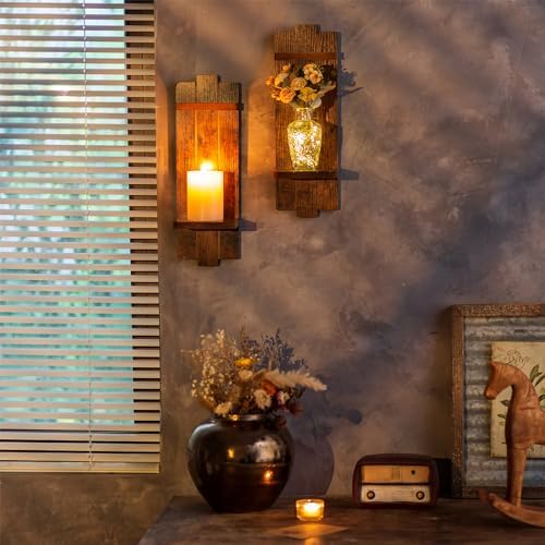 Wood Wall Candle Sconces Set of 2, Distressed Brown - Image 2