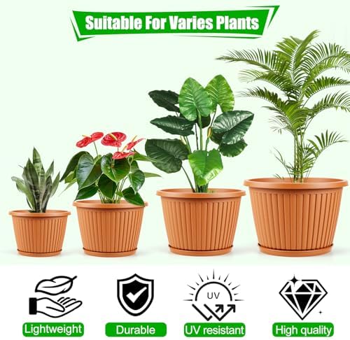 Large-Planter-Indoor-Outdoor Plant Pots, 12 inch 4 Pack Plastic Flower Pots with Saucer And Drainage Holes, Modern Garden Planters For Planting Medium Large Plants, Decorative Resin Garden Pots - Image 4