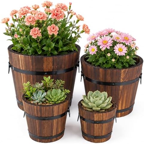 4 PCS Wooden Whiskey Barrel Planters, Wine Barrel Flower Pot with Rubber Hoops, 4 Sizes Versatile Planter for Indoor and Outdoor Plants by Unknown