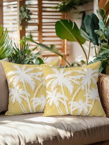 Tropical Palm Tree 18x18 Waterproof Outdoor Throw Pillows Set of 2 with Inserts, Vintage Dark Yellow Botanical Plants Patio Decorative Cushions for Outdoor Sofa Porch Garden Furniture - Image 2