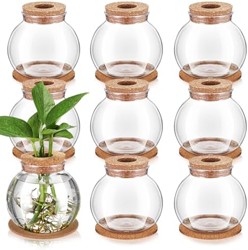 Baderke 9 Packs Propagation Vases for Plants Plastic Plant Propagation Station with Hole Lid and Cork Coasters Plant Growing in Water Hydroponic Home Office Table Decoration(Fish Bowl Style) by Baderke