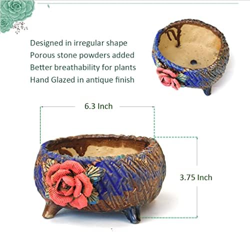6.3 Inch Succulent Pot Handmade Flower Design Round Ceramic Antique Plant Pot Cactus Pot Planter with Drainge and Mesh Pad (Red) - Image 7