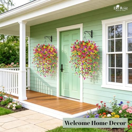 Der Rose 2Pcs Artificial Hanging Flower Basket for Outdoors Fake Hanging Flowers Plants with 4 Faux Silk Trailing Vines for Porch Patio Balcony Spring - Image 4