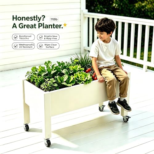 Elevated Raised Garden Bed with Wheels，74" Planter Outdoor Plants,White - Image 5