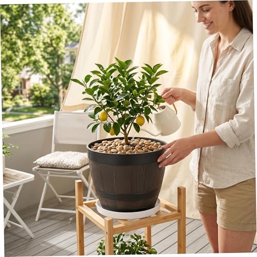 Barrel Planter 9 inch Whiskey Barrel Planter Plastic Plant Pot with Pre drilled Drainage Holes for Garden - Image 3
