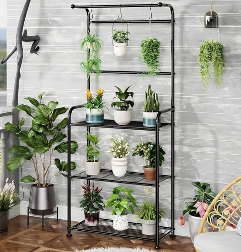 Ekisemio Plant Stands Outdoor with Hooks, Metal Tall Plant Shelves Indoor for Hanging Planter, Black - Image 2