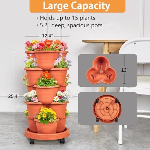 VECELO 5 Tier Vertical Garden Planter, Self Watering Stackable Planters with Wheels for Strawberries, Herbs, Flowers, Vegetables, Red - Image 5