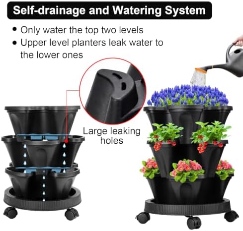 GameXcel Vertical Planter Tower - 3 Tier Stackable Garden Planters with Wheels and Garden Tool Set Plant Pots for Strawberry Herb Flower and Vegetable Indoor Outdoor Use Black - Image 3