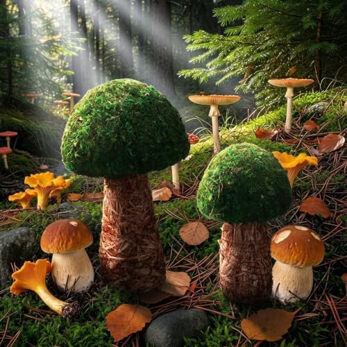 2 Pcs Artificial Moss Mushroom Enchanted Forest Table Decor, 7.8" and 11" - Image 3
